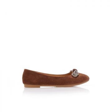 Balerini Camel piele întoarsă cu panglică cu strasuri