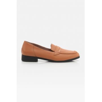 Pantofi loafer de piele cu toc masiv - Maro scortisoara